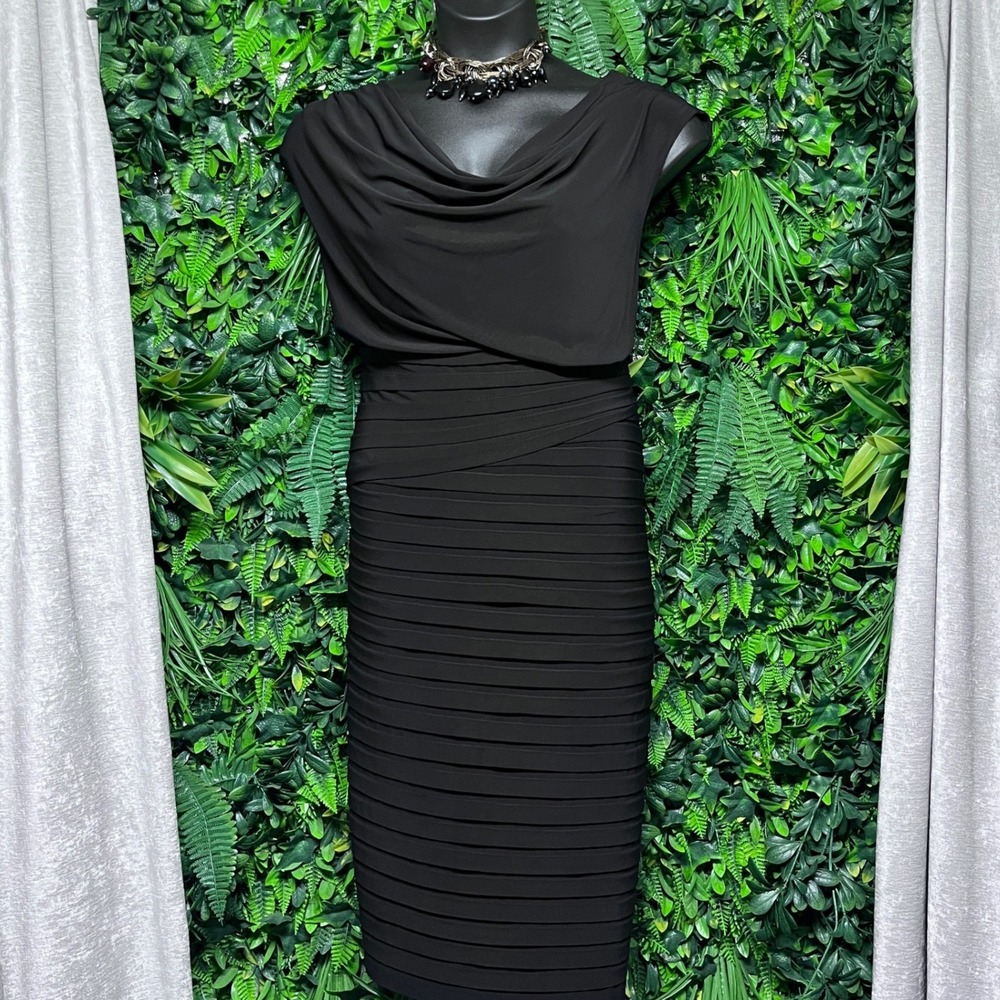 Adrianna Papell Dress 18W Black Cowl Neck Tiered Bandage Sheath Elegant 4237